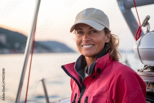 Beautiful woman sailing on a yacht at sunset, close-up