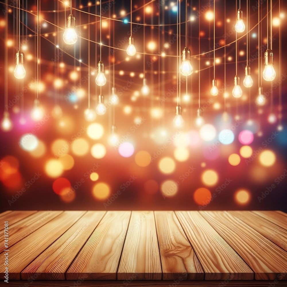 Empty wooden table with background lights out of focus with blur lights background. Empty wooden table with background lights out of focus with blur lights background.