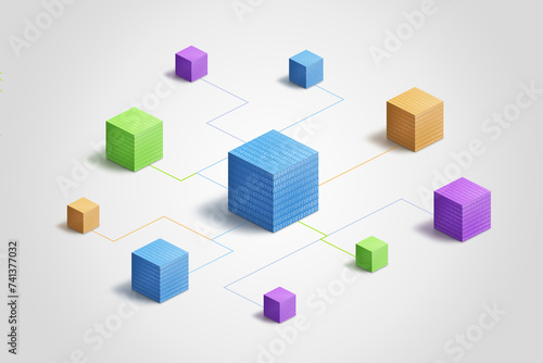 Multicolored blockchain cubes linked by electronic lines and binary code, symbolizing digital connectivity and technology advancement. Ideal for tech-related concept