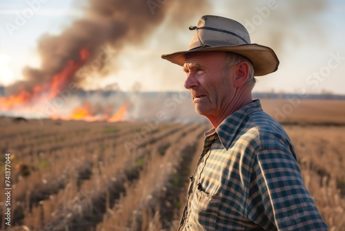 farmer with a worried expression watching field fire