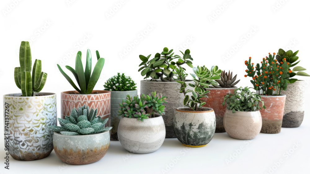 beautiful plants in ceramic pots isolated on white background.