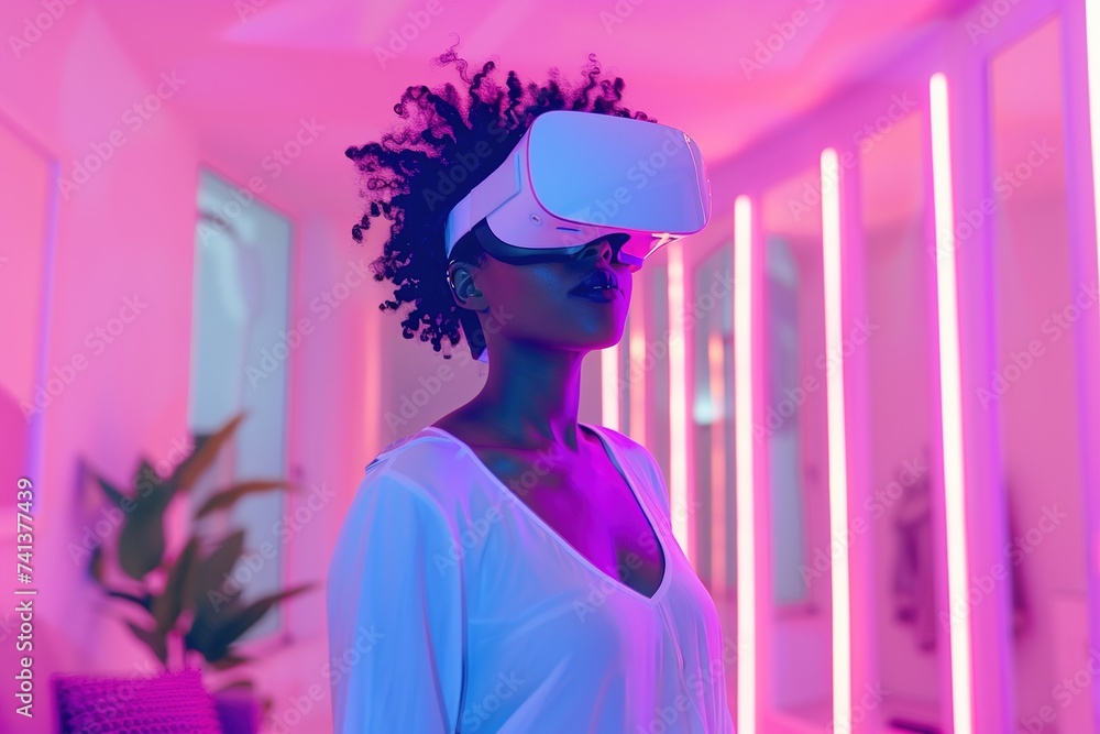 A young woman wearing virtual reality glasses at home, wearing VR headset technology, watching the simulation of the digital world, controls hand gestures