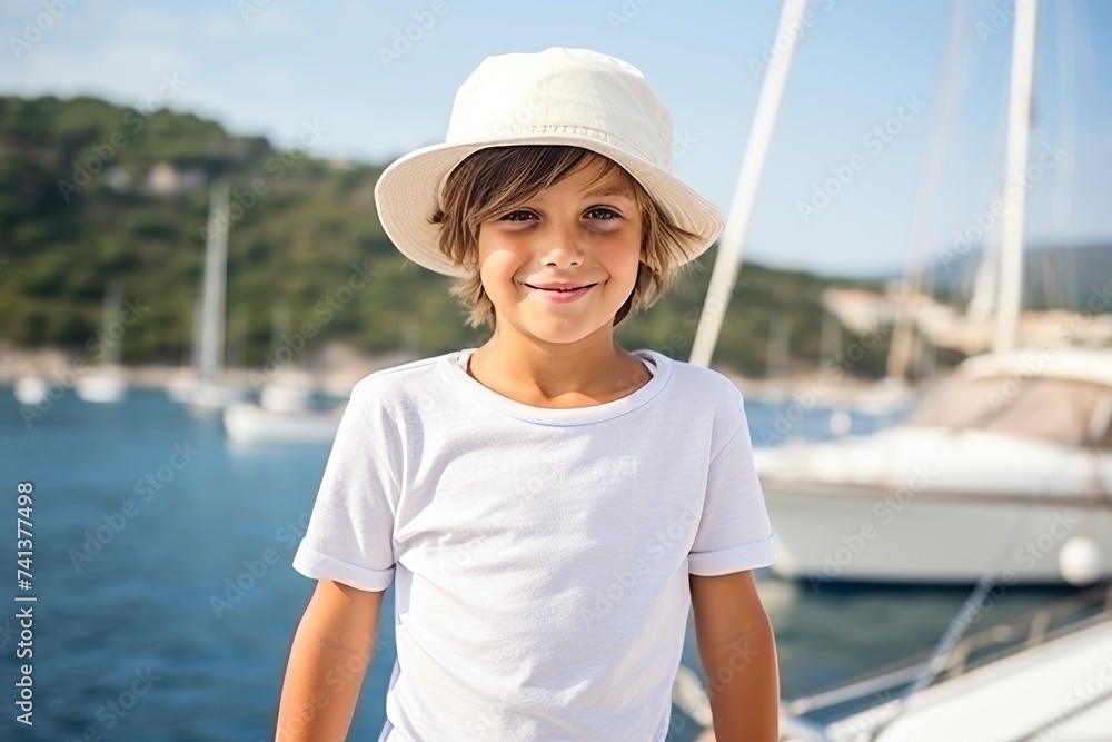 Portrait of a cute little boy in a hat on a yacht