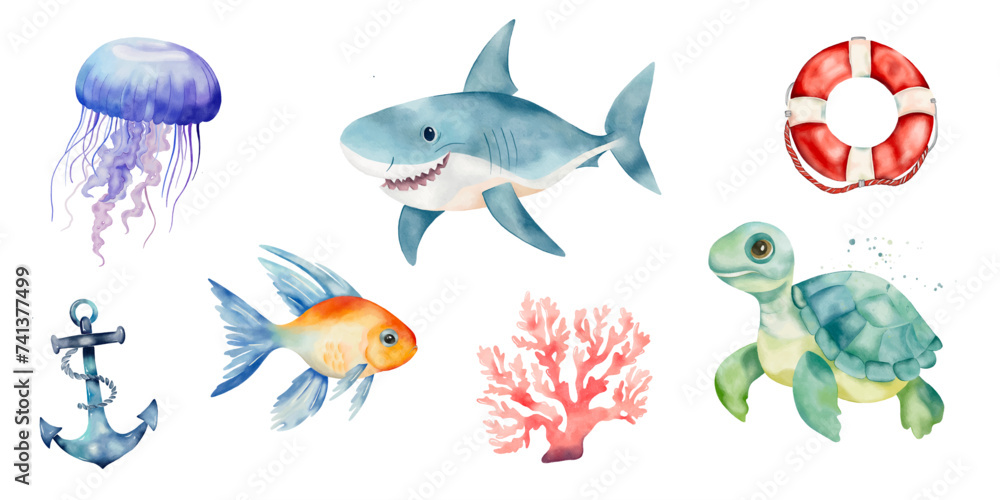 Vector set of shark, fish, turtle, anchor, coral, jellyfish and lifebuoy. watercolor Summer set. Children's illustrations