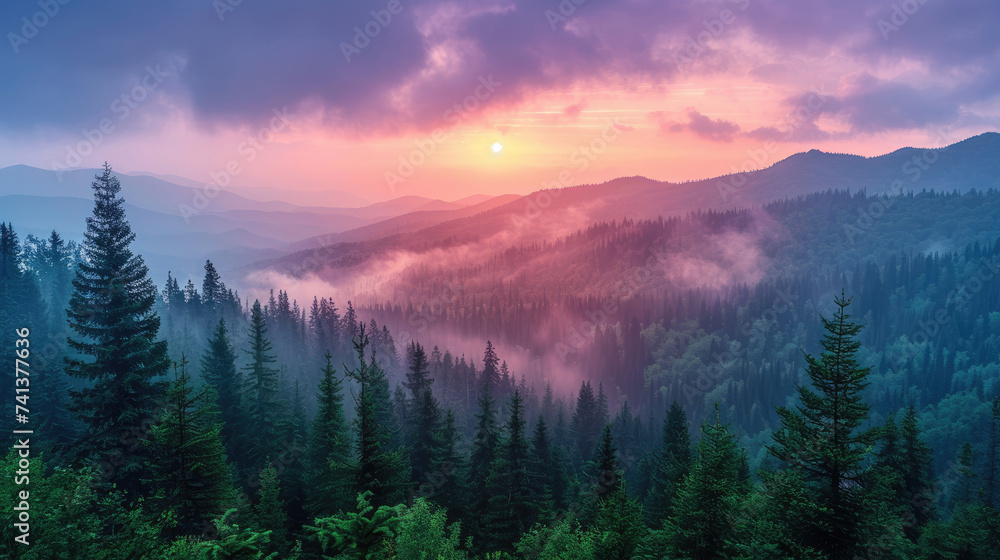 Picturesque view of foggy colorful sunset sky over coniferous forest and mountain range in cloudy evening