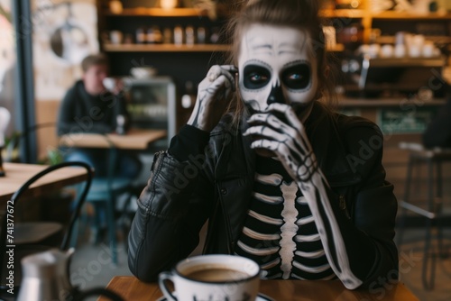 person wearing ghost skeleton makeup sipping coffee in a cafe
