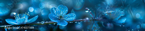 blue flowers in a field, in the style of water drops