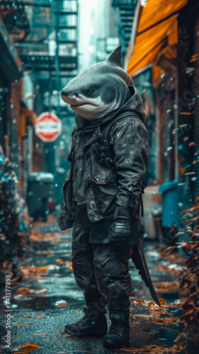 Sleek shark navigates city currents with tailored finesse, embodying street style. The realistic urban backdrop frames this fashionable predator, seamlessly blending aquatic allure with contemporary f