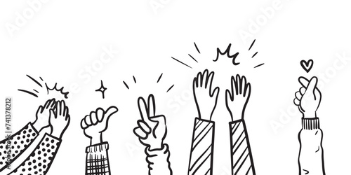 Applause hand draw, doodle clapping ovation. thumbs up gesture isolated on white background , vector illustration.