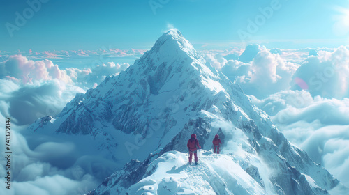 A 3D digital landscape where each team member is represented by a unique avatar climbing together assisting one another to reach the summit of a virtual mountain photo