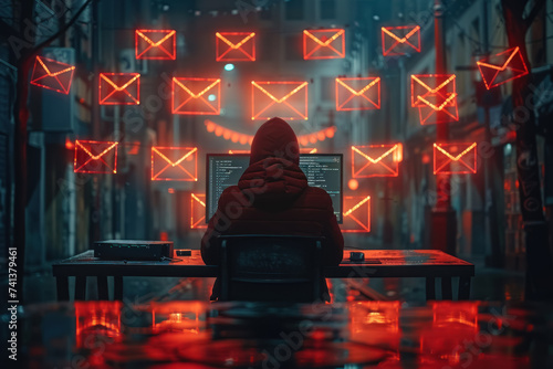 A conceptual image of a hackers silhouette reflected on a computer screen displaying an email inbox with several messages marked as threats hinting at the unseen adversaries in cyberspace