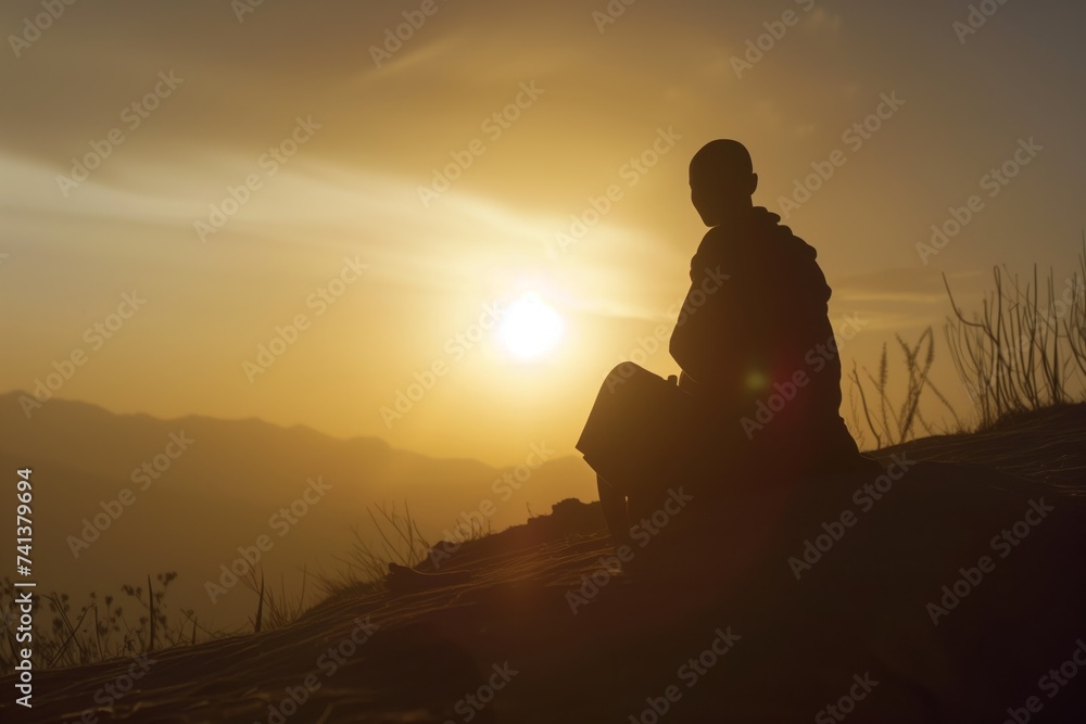 monk silhouetted against the rising sun, sitting on a hilltop
