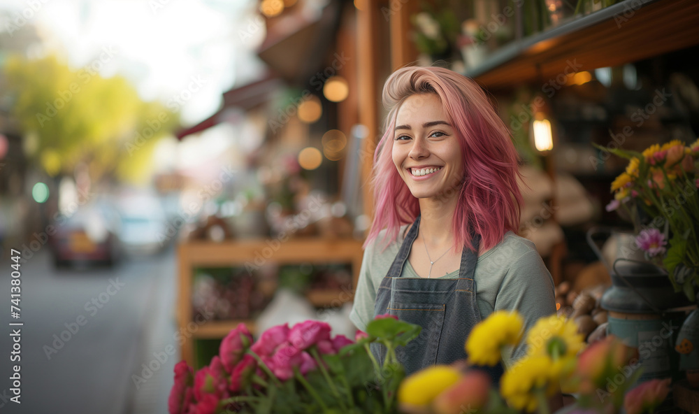 Portrait of smiling small business owner caucasian woman in cozy florist flowers shop. Successful people, hard shopkeeper work, and retail, service industry concept Portrait of smiling small business owner caucasian woman in cozy florist flowers shop. Successful people, hard shopkeeper work, and retail, service industry concept