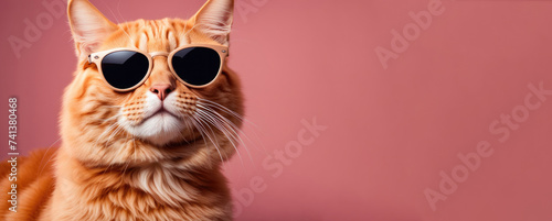 Ginger Cat in Sunglasses Against Pastel Background
