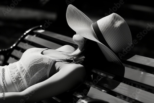 woman lying on a bench, sunhat covering her face