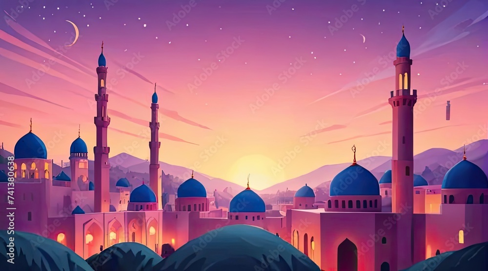 Islamic background flat design. Ramadan kareem greeting banner template - obrazy, fototapety, plakaty 
