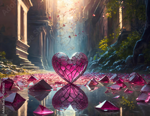 Shattered pink heart-shaped object on a tiled floor, symbolizing heartbreak or broken love, with sunlight casting shadows photo