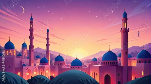 Islamic background flat design. Ramadan kareem greeting banner template photo