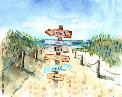 Information signpost on the beach. Blue sky, nice weather. Happy holiday.  Stock illustration. Hand painted in watercolor. photo
