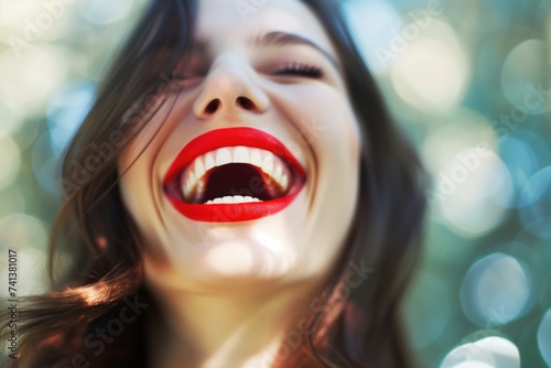 laughing woman with red lips and white teeth, blurred background photo
