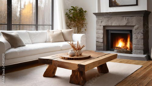 Scandinavian Living Room: Rustic Live Edge Coffee Table by White Corner Sofa Near Window with Fireplace