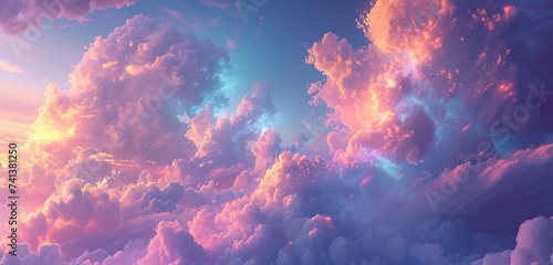Ethereal cloud formations with luminous edges against a soft lavender sky