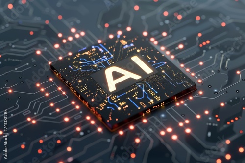 AI Brain Chip stress management. Artificial Intelligence object detection mind visual field axon. Semiconductor fpga circuit board social media icon photo