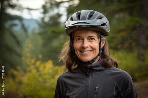 Portrait of a smiling senior woman wearing a bike helmet in the forest © Nerea