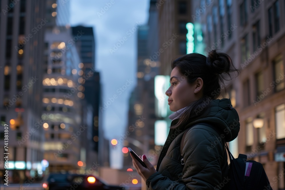 profile shot of woman on phone, city backdrop