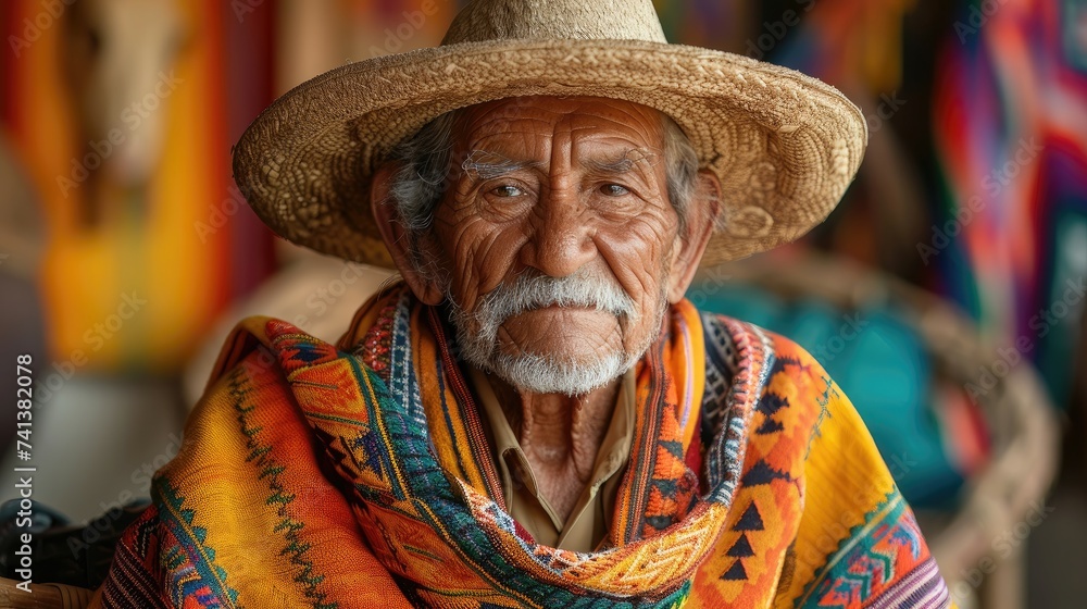 Elderly man with a straw hat and vibrant poncho sitting.