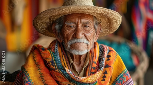 Elderly man with a straw hat and vibrant poncho sitting.