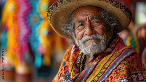 Cheerful elderly man with a straw hat and colorful poncho. photo