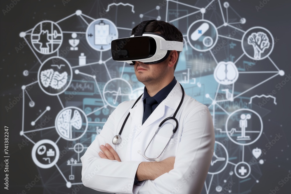 doctor in vr, medical icons and tools surrounding portrait doctor in vr, medical icons and tools surrounding portrait
