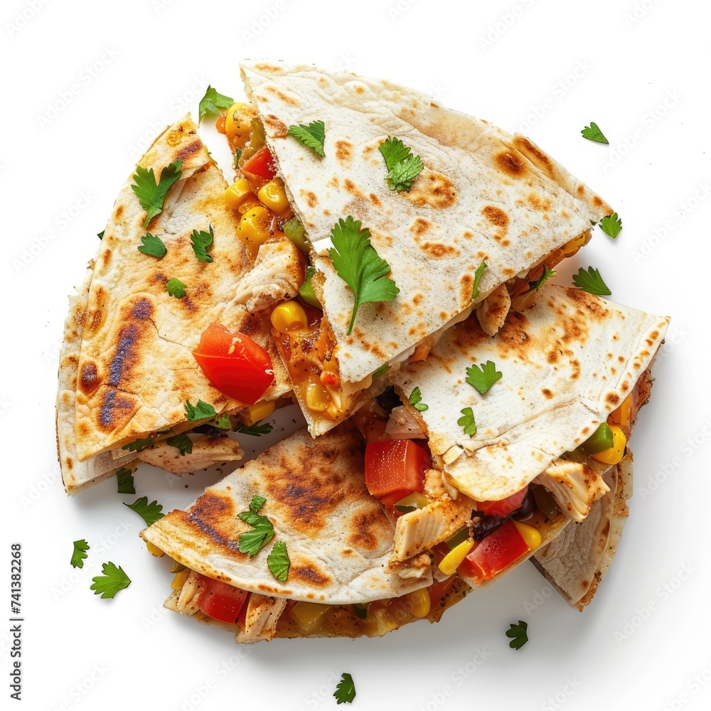 Mexican quesadilla with chicken, tomato, sweet corn, and cheese on a white background Mexican quesadilla with chicken, tomato, sweet corn, and cheese on a white background