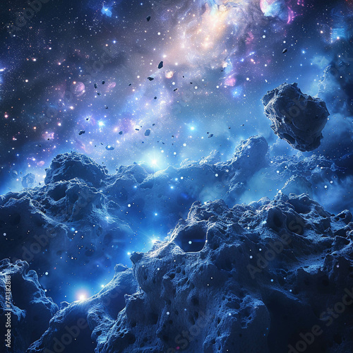 Depict a galaxy cluster where ancient ruins on asteroids hold the key to fighting corruption through blockchain technology photo
