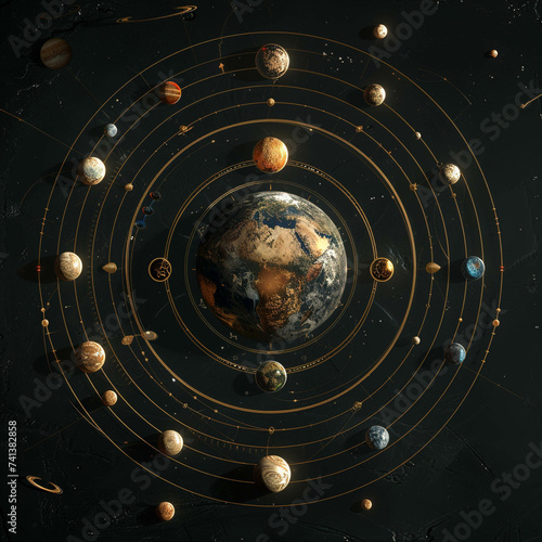 Design a solar system where each planet reflects a phase of the ancient world with cybernetic enhancements photo