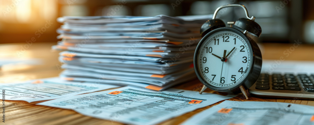 A stack of tax documents tagged with urgent deadlines a calculator and a clock ticking down encapsulating the pressure of tax season - obrazy, fototapety, plakaty 