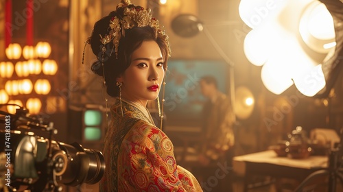 An Asian actress in elaborate traditional costume is captured on a film set, surrounded by warm lighting that highlights the rich textures and colors, ideal for concepts related to film, culture
