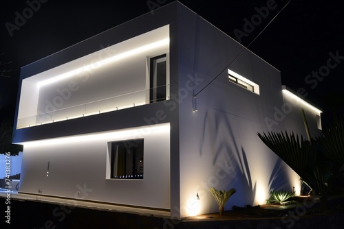 white modern house facade lit by exterior led strips