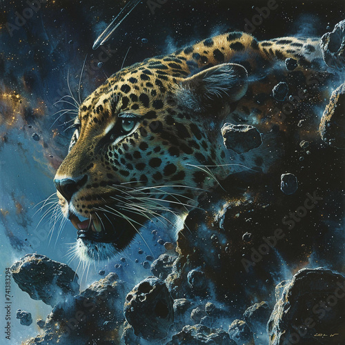 Visualize a leopards quest through the asteroid belt unraveling a web of corruption that spans galaxies
