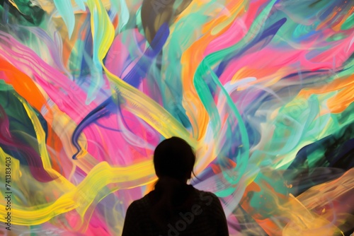 person looking at a large colorful abstract painting
