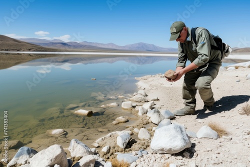 geologist examining rocks by arid desert lake photo