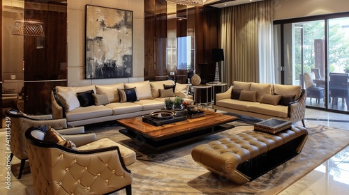 Sophisticated living room design accentuated by a wooden coffee table and elegant seating options
