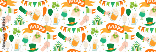 St. Patricks Day seamless pattern. Background with Festive element. Ribbon banners with Groovy title