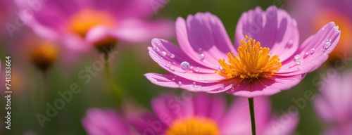 A stunning pink cosmos flower with dewdrops on its petals