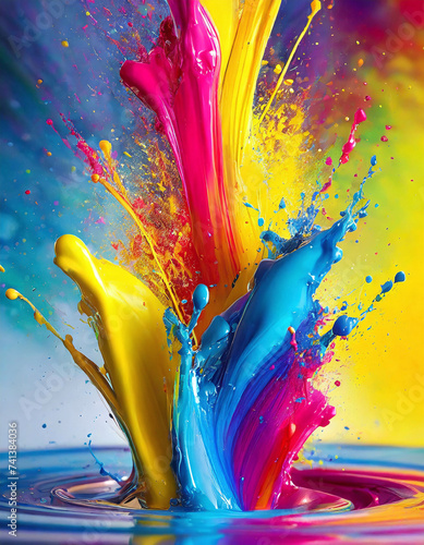 Colorful paint splashes in vibrant pink, yellow, and blue hues, creating a dynamic and abstract art concept. © Tim Bird