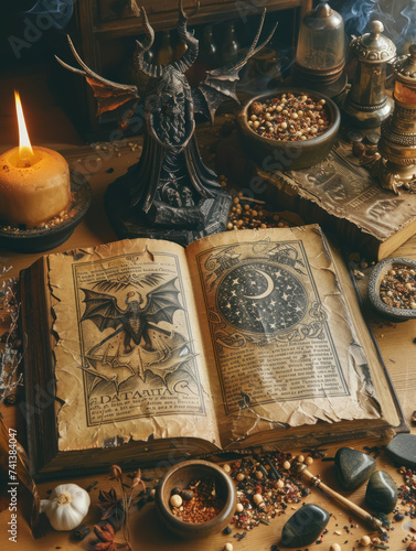 An enchanted grimoire open to a page depicting Baphomet surrounded by occult symbols and ingredients for a sorcery ritual photo