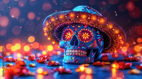 A sugar skull with glowing eyes, adorned with a sombrero, set against a vibrant, festive background.