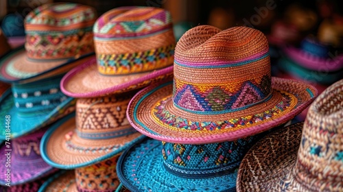Pile of colorful Mexican sombreros, ideal for Cinco de Mayo festivities.