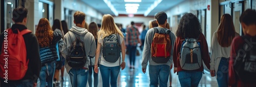 group of students walking through the school hallway
